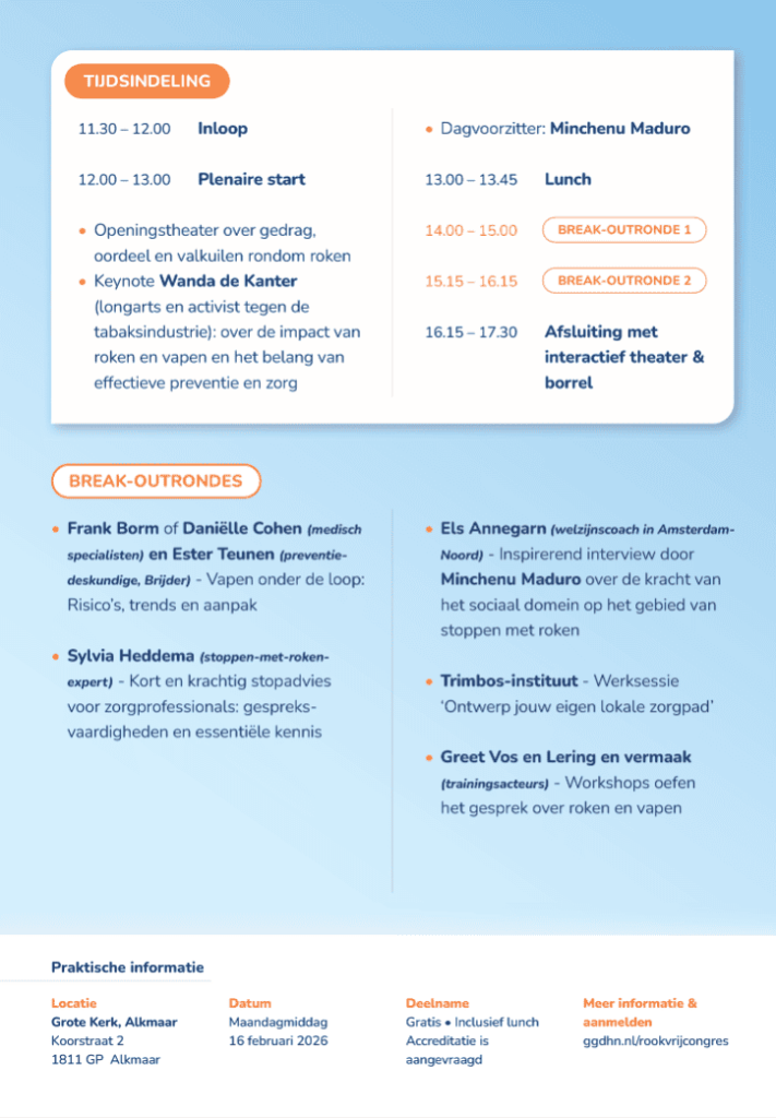 Tijdsindeling: 11.30 uur inloop, 12.00 uur plenaire start met openingstheater en de keynote van Wanda de Kanter, 13.00 uur lunch, 14.00 en 15.15 uur break-outrondes, 16.15 tot 17.30 uur afsluiting met interactief theater en borrel. Dagvoorzitter: Minchenu Maduro. Locatie: Grote Kerk, Koorstraat 2, 1811 GP Alkmaar.