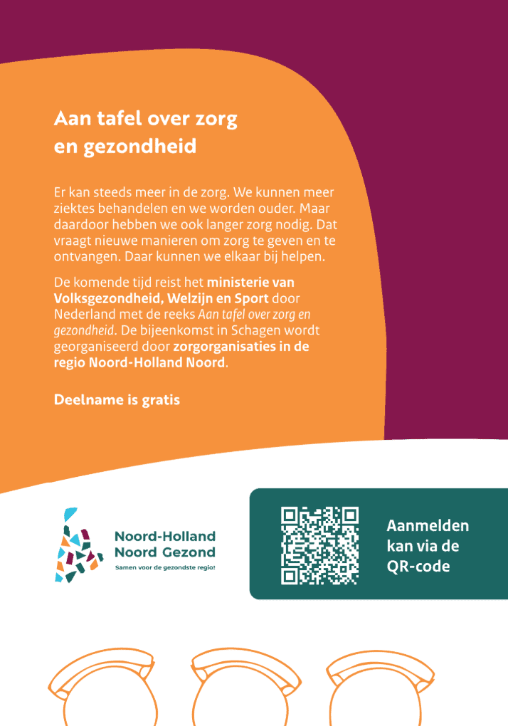 Achterkant van de uitnodiging: het ministerie van VWS reist door Nederland met de reeks Aan tafel over zorg en gezondheid; de bijeenkomst in Schagen wordt georganiseerd door zorgorganisaties in de regio Noord-Holland Noord. Deelname is gratis.