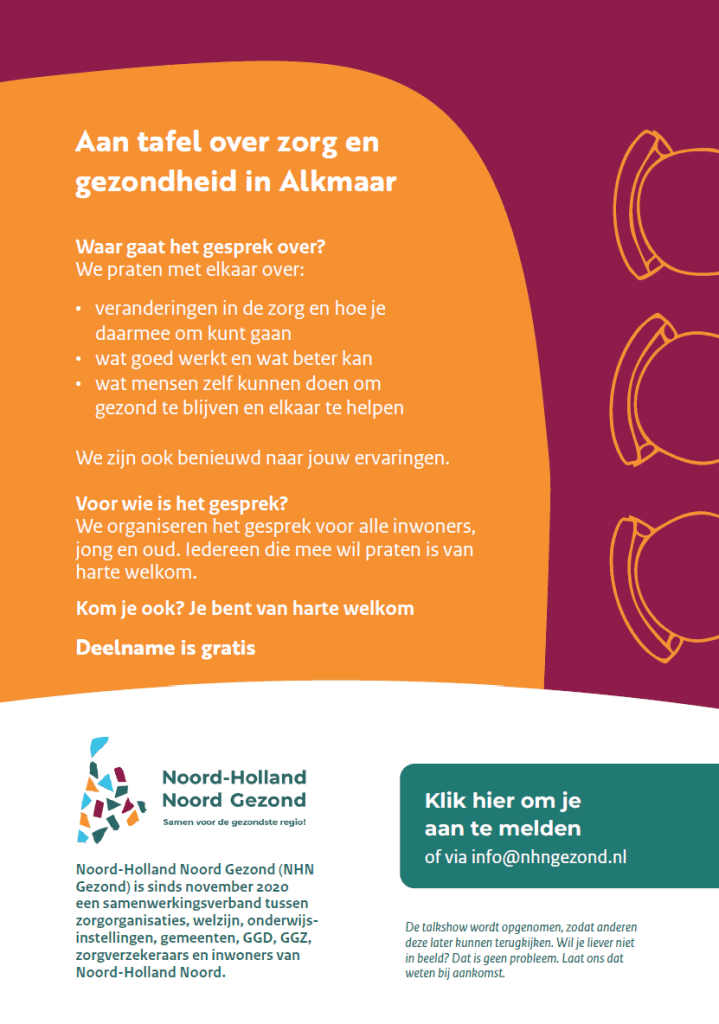 Achterkant van de uitnodiging: het gesprek gaat over veranderingen in de zorg, wat goed werkt en wat beter kan, en wat mensen zelf kunnen doen om gezond te blijven. Voor alle inwoners, jong en oud. Deelname is gratis. De talkshow wordt opgenomen; wie liever niet in beeld komt, meldt dat bij aankomst.